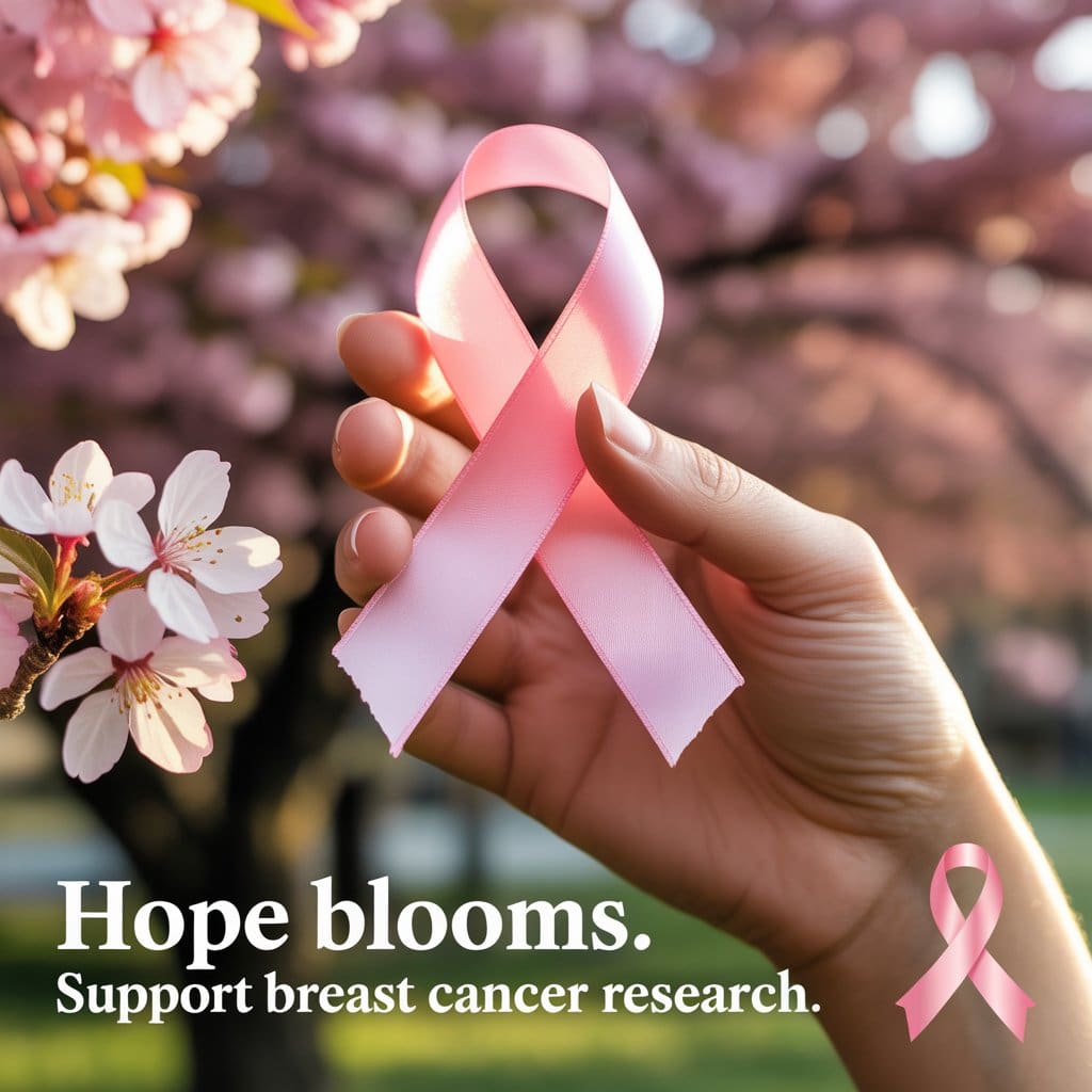 A hand holding a pink ribbon symbolizing support for breast cancer awareness, surrounded by blooming cherry blossoms, highlighting the importance of early detection and conversations about breast cancer.
