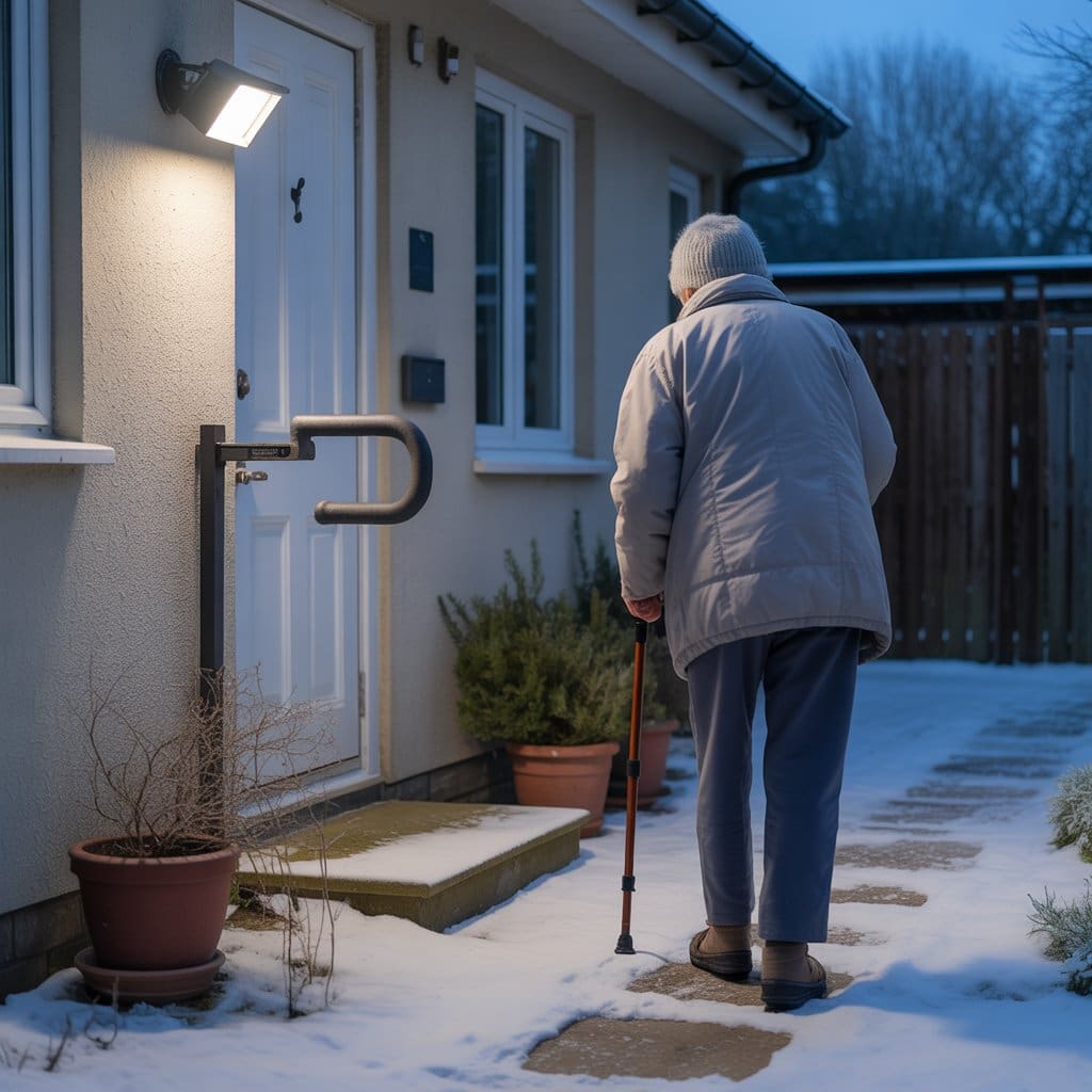 An elderly person walking cautiously on a snowy path outside their home, using a cane for support. A motion-sensor light illuminates the entrance, enhancing winter safety.