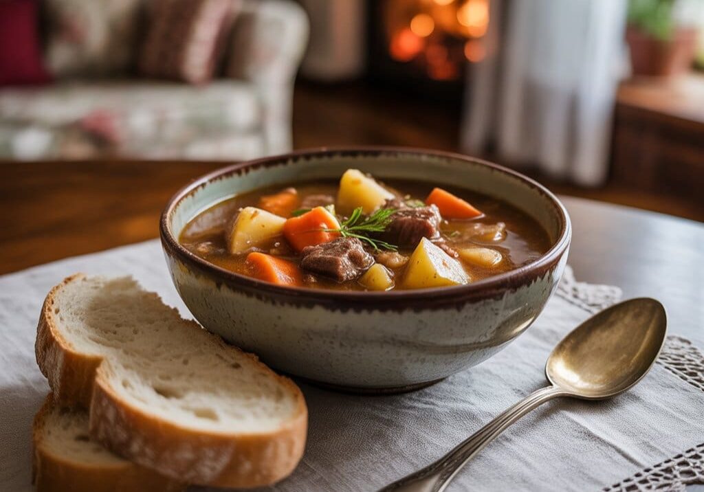 A warm bowl of hearty beef stew with potatoes and carrots, accompanied by slices of fresh bread, ideal for an autumn diet and winter care to maintain hydration.