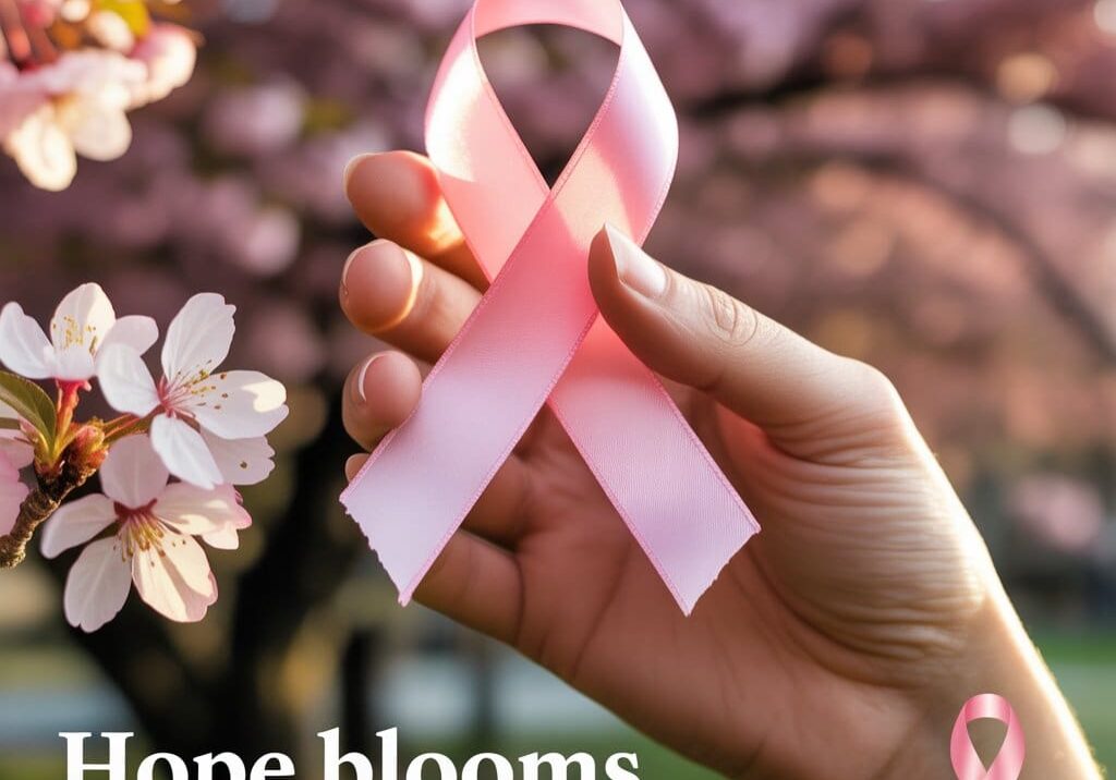 A hand holding a pink ribbon symbolizing support for breast cancer awareness, surrounded by blooming cherry blossoms, highlighting the importance of early detection and conversations about breast cancer.