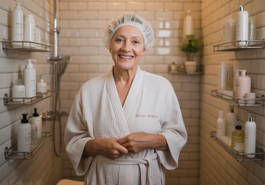 An elderly woman stands smiling in a shower, wearing a robe and shower cap, exemplifying help washing methods that enhance personal care and mobility for seniors. This image reflects the importance of maintaining dignity and independence in the daily care routines of elderly individuals.