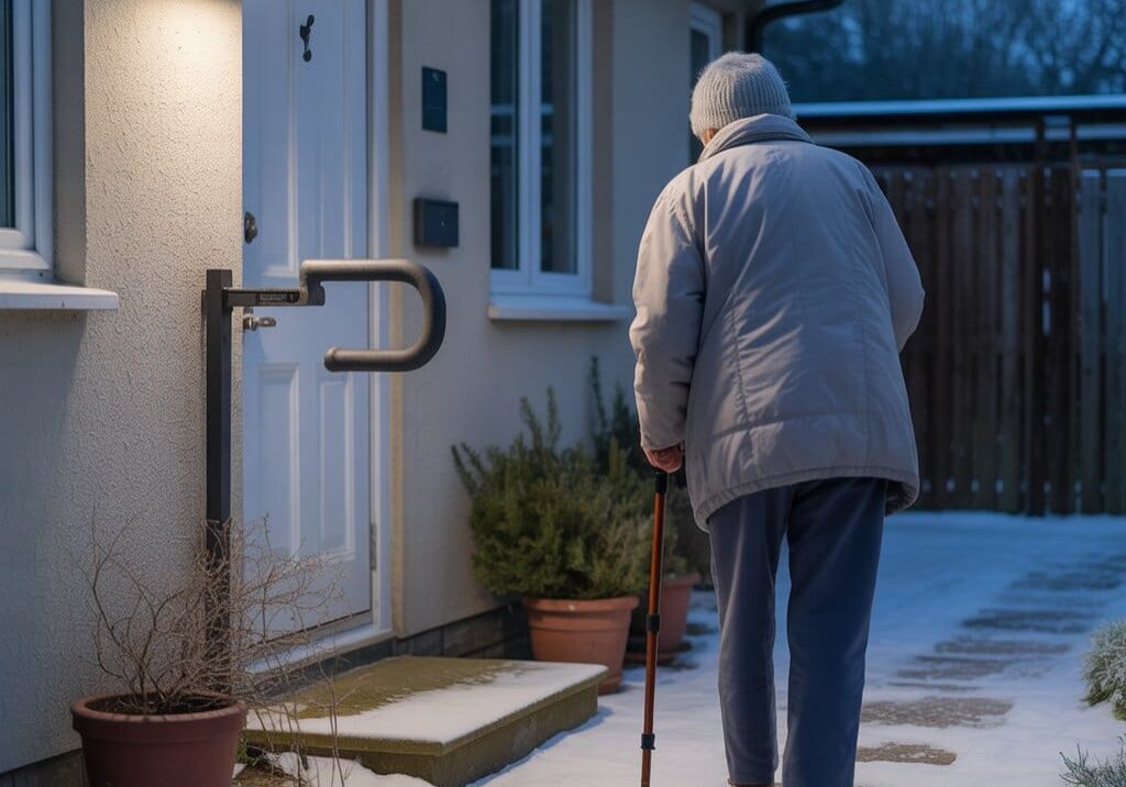 An elderly person walking cautiously on a snowy path outside their home, using a cane for support. A motion-sensor light illuminates the entrance, enhancing winter safety.